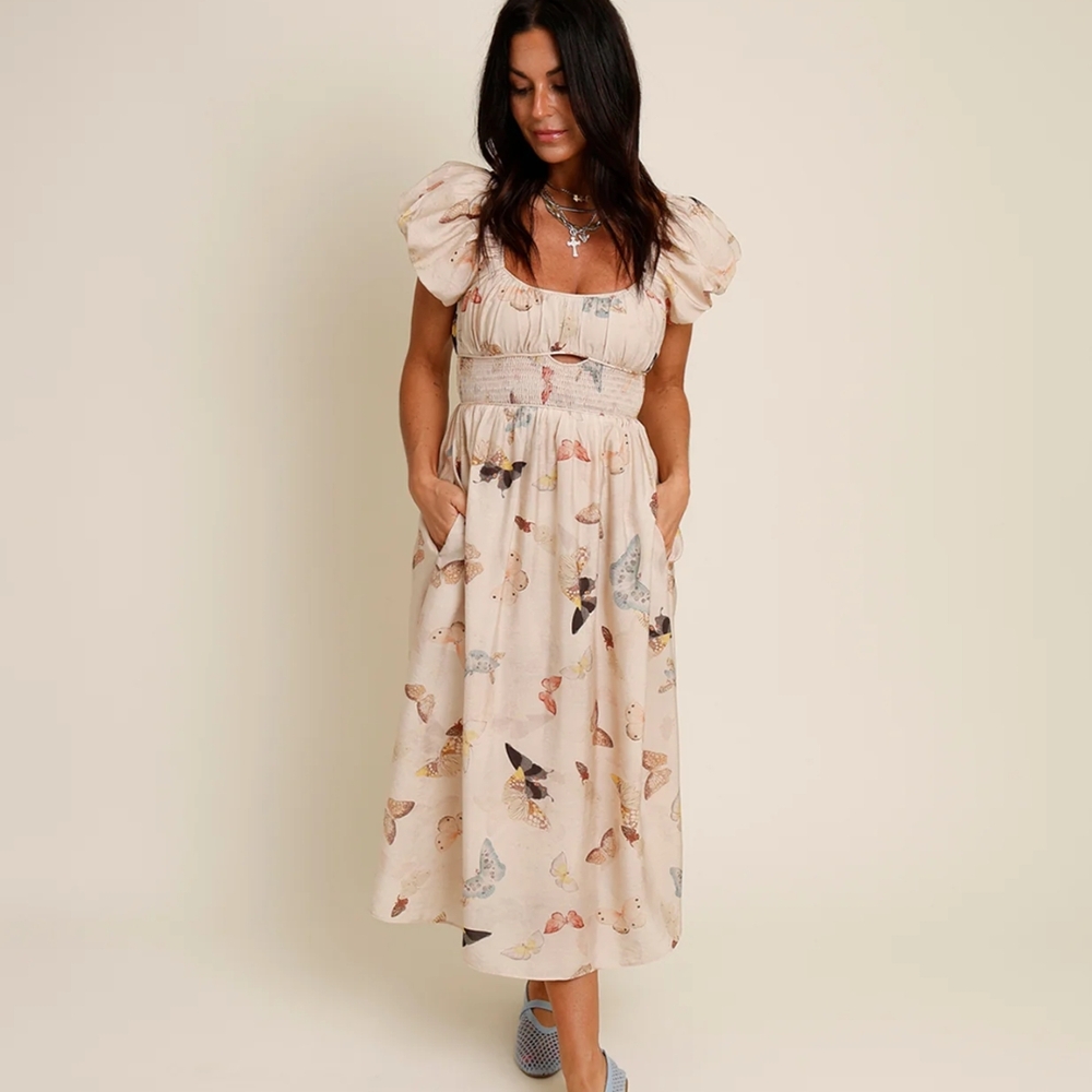 Butterfly Print Puff Sleeve Dress